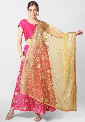 Yellow And Gold Ethnic Motifs Embroidered Dupatta With Mirror Work