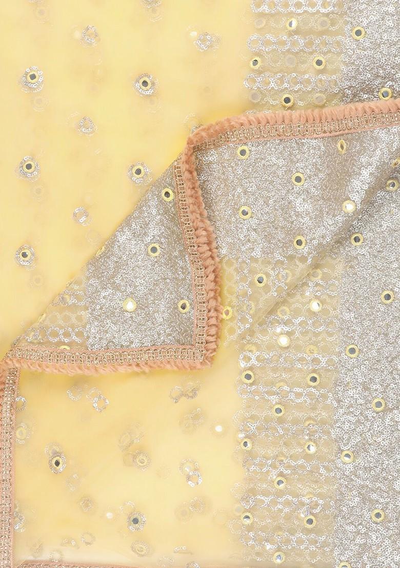 Yellow And Gold Ethnic Motifs Embroidered Dupatta With Mirror Work