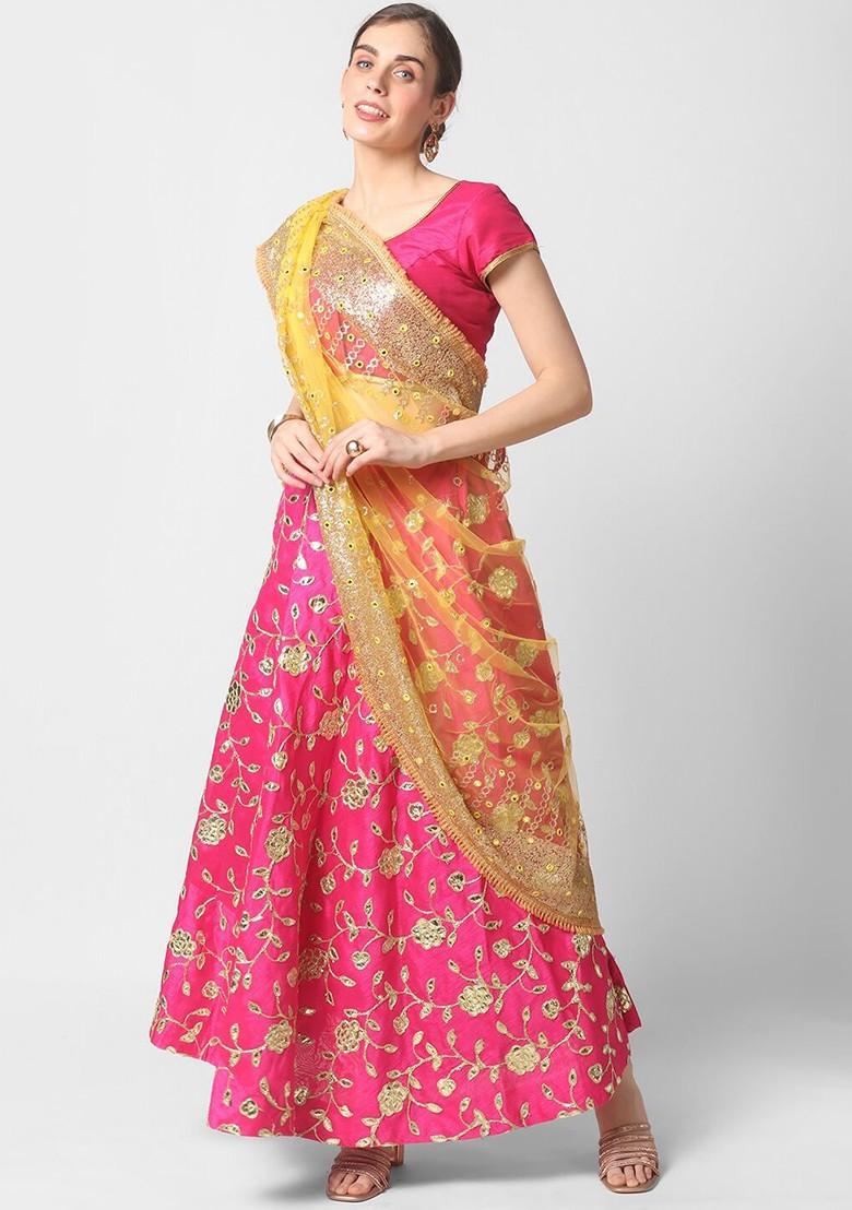 Yellow And Gold Ethnic Motifs Embroidered Dupatta With Mirror Work