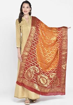 Red And Gold Toned Woven Design Dupatta