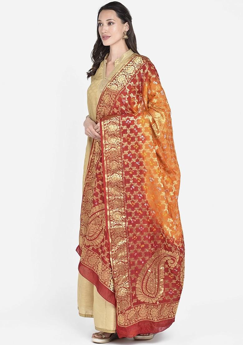 Red And Gold Toned Woven Design Dupatta