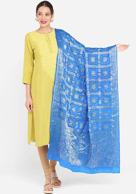 Women Turquoise Blue Banarasi Bhandej Gharchola Silk Dupatta