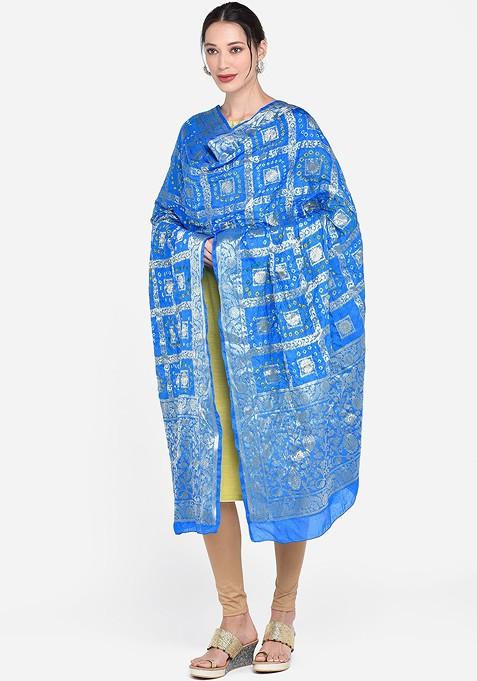Women Turquoise Blue Banarasi Bhandej Gharchola Silk Dupatta
