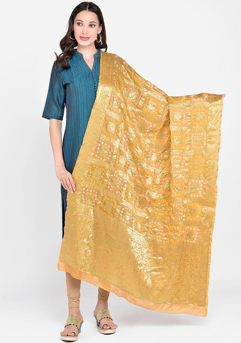 Beige And Orange Banarasi Bhandej Gharchola Silk Dupatta