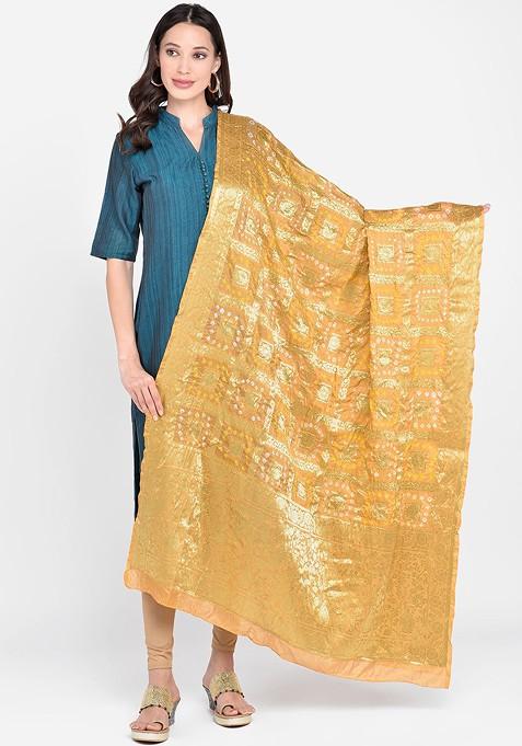 Beige And Orange Banarasi Bhandej Gharchola Silk Dupatta