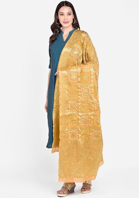 Beige And Orange Banarasi Bhandej Gharchola Silk Dupatta