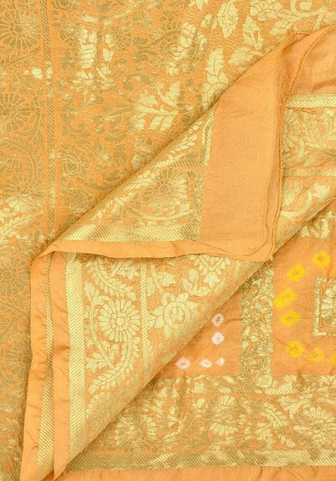 Beige And Orange Banarasi Bhandej Gharchola Silk Dupatta