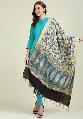 Beige And Blue Printed Pure Cotton Kalamkari Dupatta