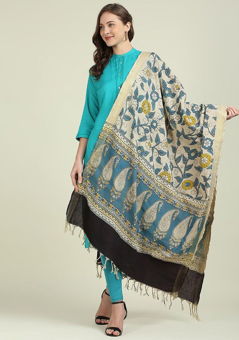 Beige And Blue Printed Pure Cotton Kalamkari Dupatta