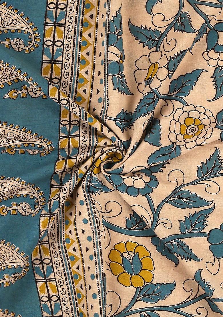 Beige And Blue Printed Pure Cotton Kalamkari Dupatta
