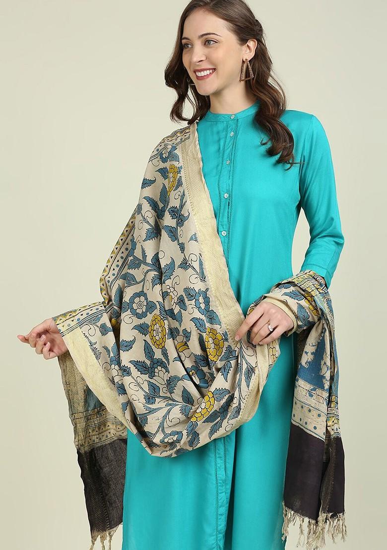 Beige And Blue Printed Pure Cotton Kalamkari Dupatta