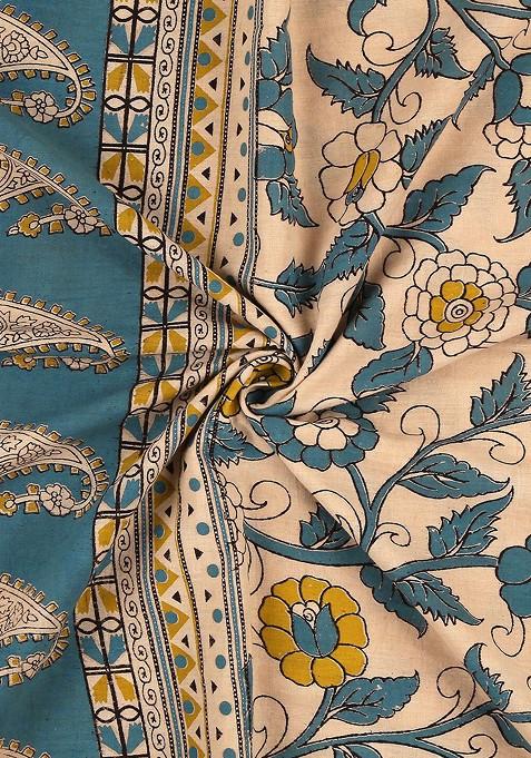 Beige And Blue Printed Pure Cotton Kalamkari Dupatta