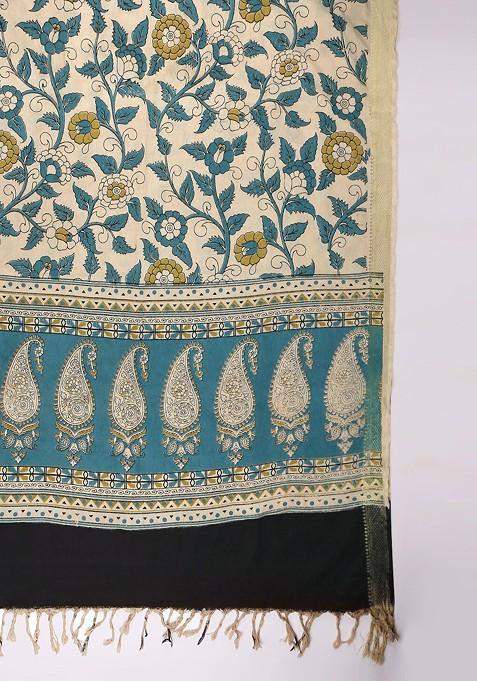 Beige And Blue Printed Pure Cotton Kalamkari Dupatta
