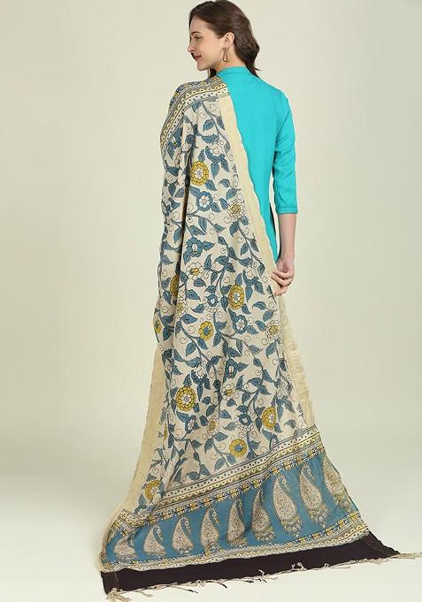 Beige And Blue Printed Pure Cotton Kalamkari Dupatta