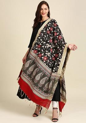 Black And Red Dyed Pure Cotton Kalamkari Dupatta