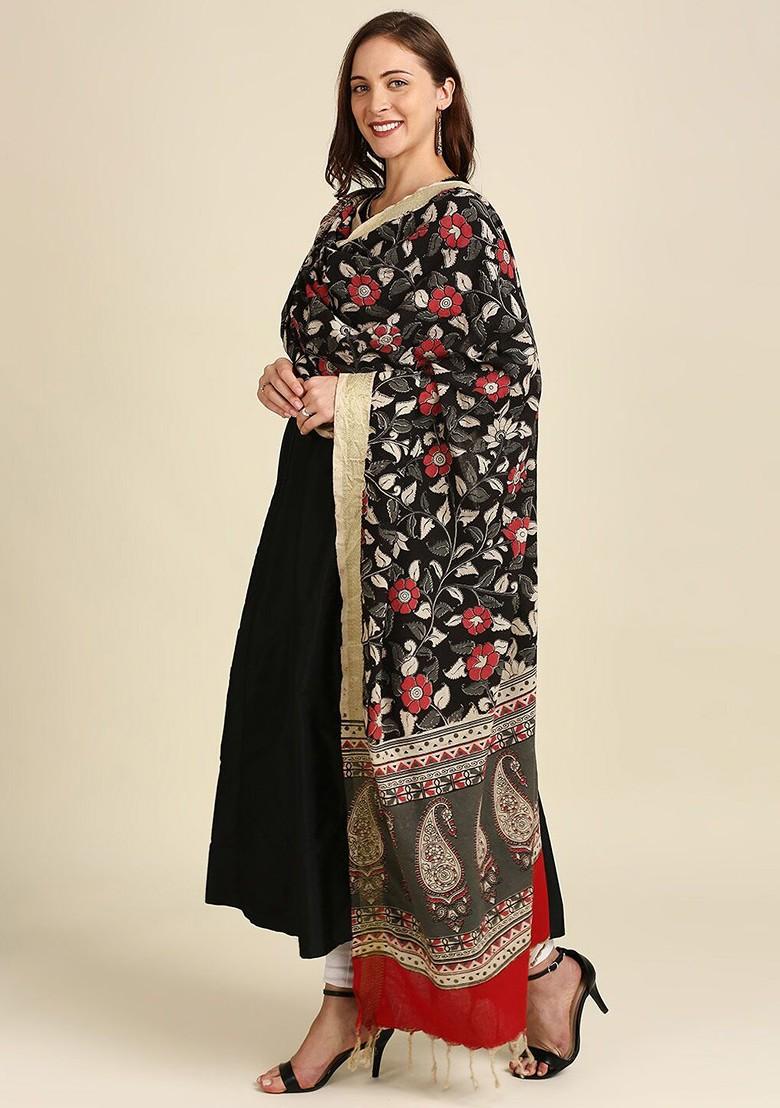 Black And Red Dyed Pure Cotton Kalamkari Dupatta