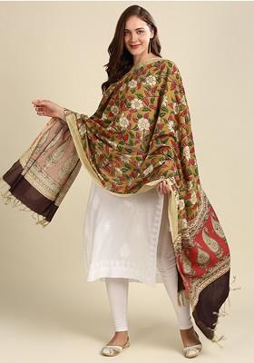 Mustard And Red Dyed Pure Cotton Kalamkari Dupatta