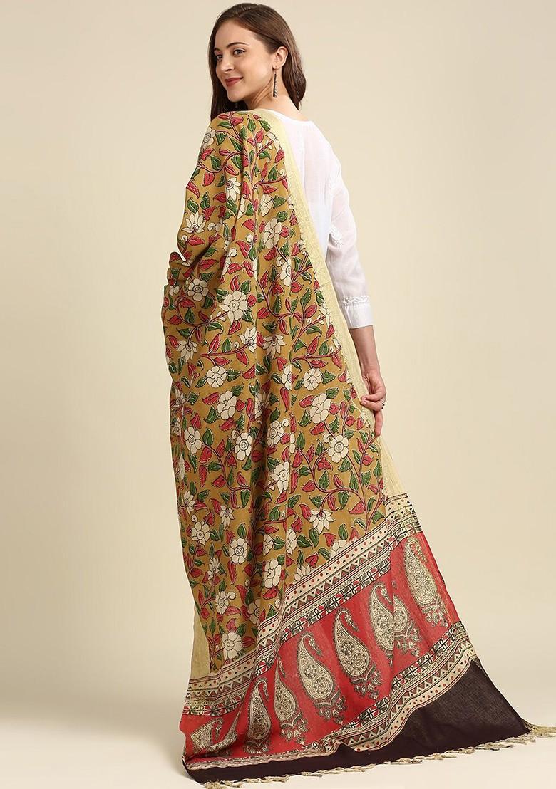Mustard And Red Dyed Pure Cotton Kalamkari Dupatta