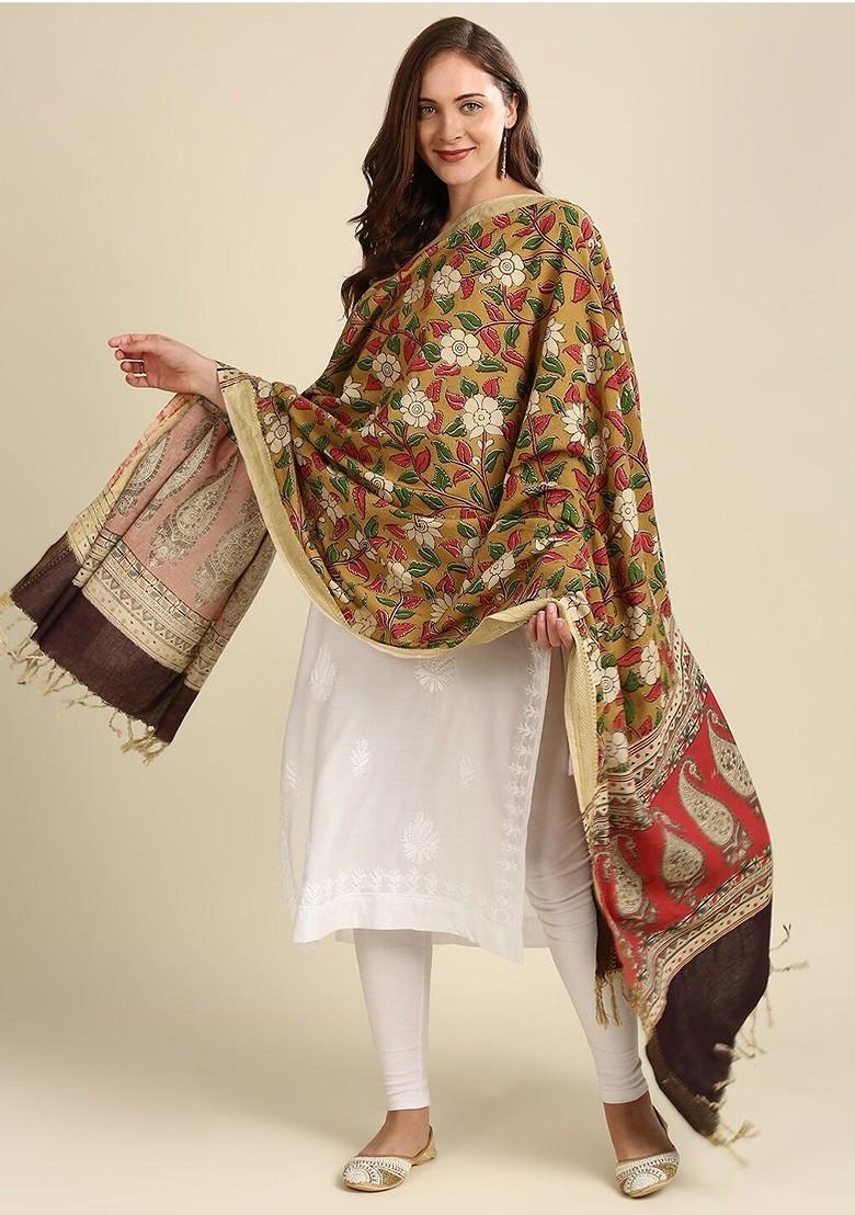 Mustard And Red Dyed Pure Cotton Kalamkari Dupatta
