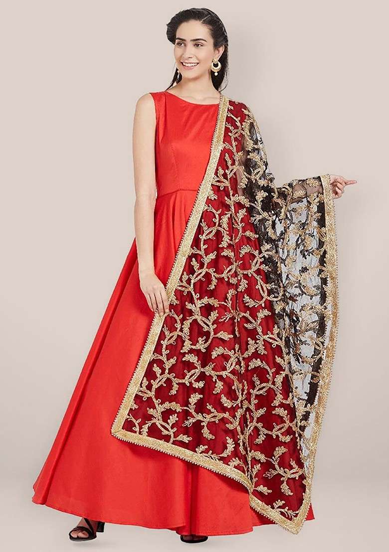 Embroidered Dupatta With Zardozi - Indya