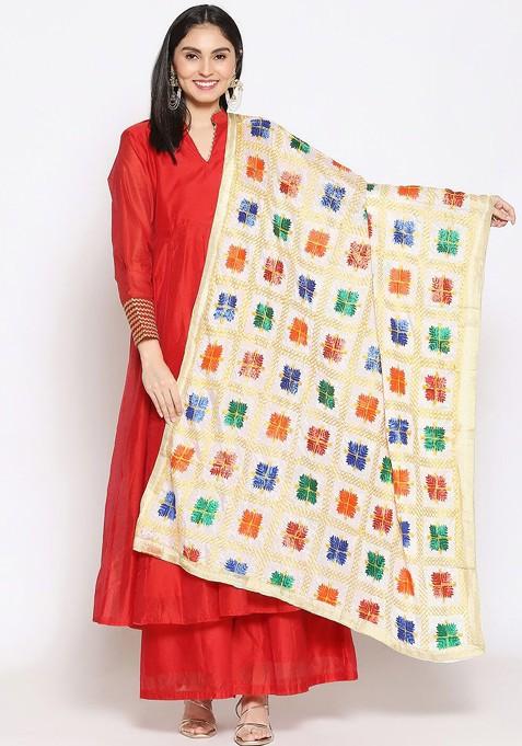 Multicoloured Embroidered Dupatta With Phulkari
