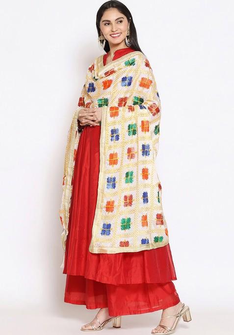 Multicoloured Embroidered Dupatta With Phulkari