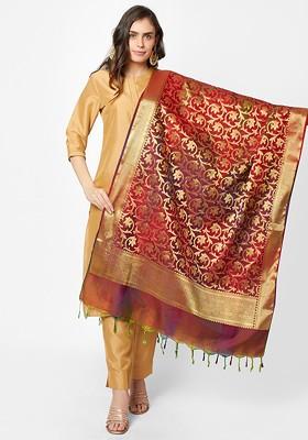 Red And Gold Toned Woven Design Pure Silk Banarasi Dupatta
