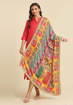Ethnic Motifs Printed Dupatta With Mirror Work And Gotta Patti