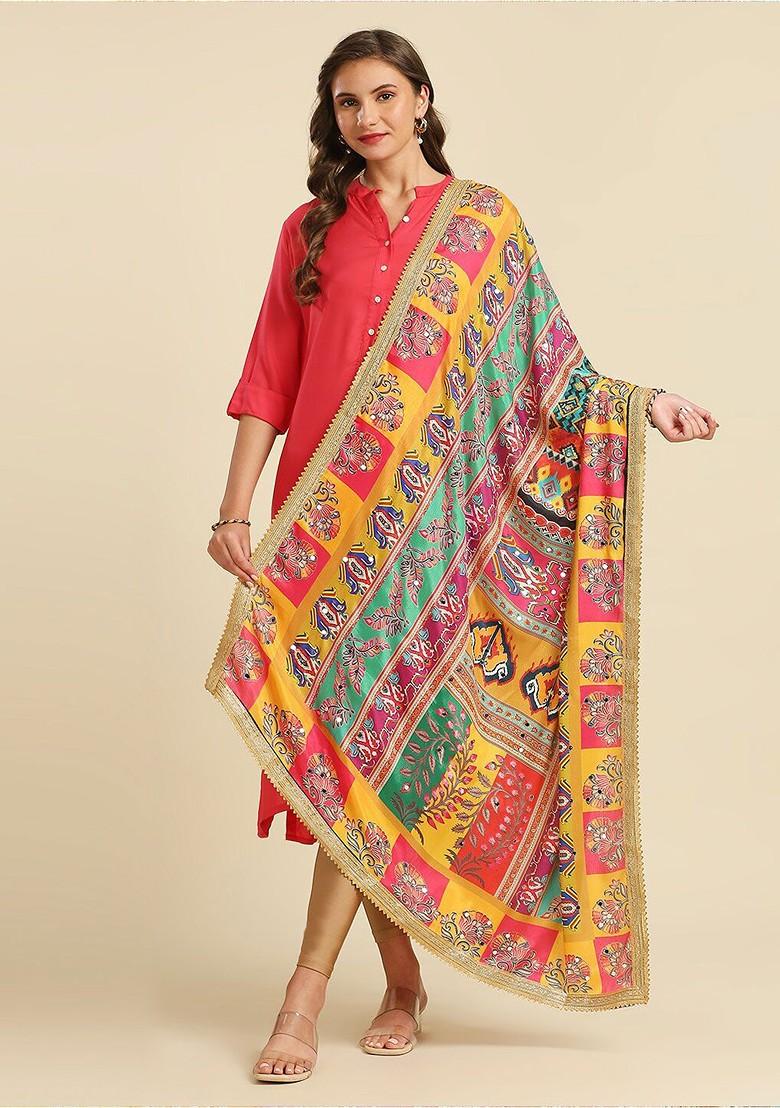 Ethnic Motifs Printed Dupatta With Mirror Work And Gotta Patti