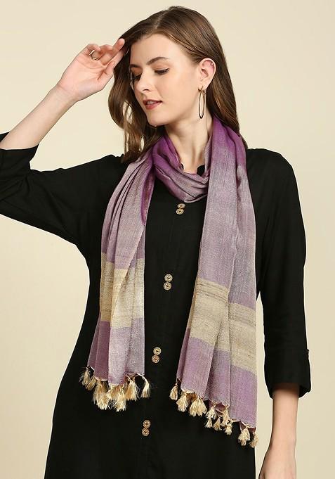 Women Purple And Gold Toned Striped Cotton Silk Dupatta