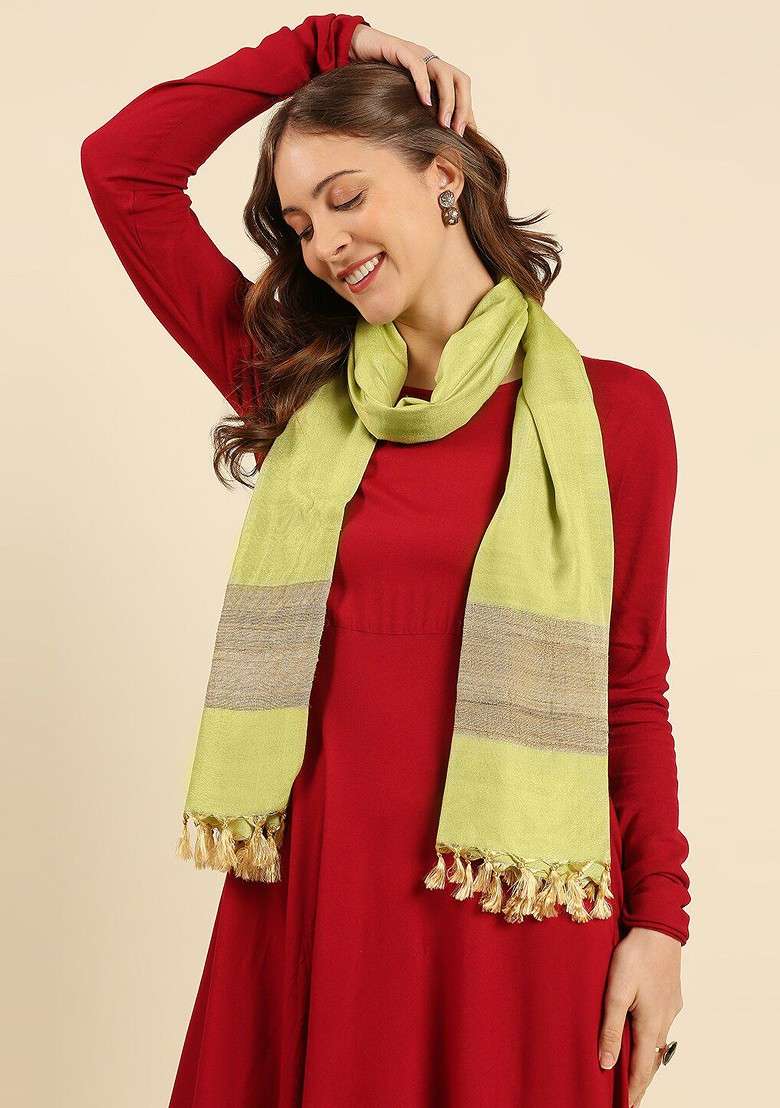 Lime Green And Gold Toned Woven Design Cotton Silk Dupatta With Zari - Indya