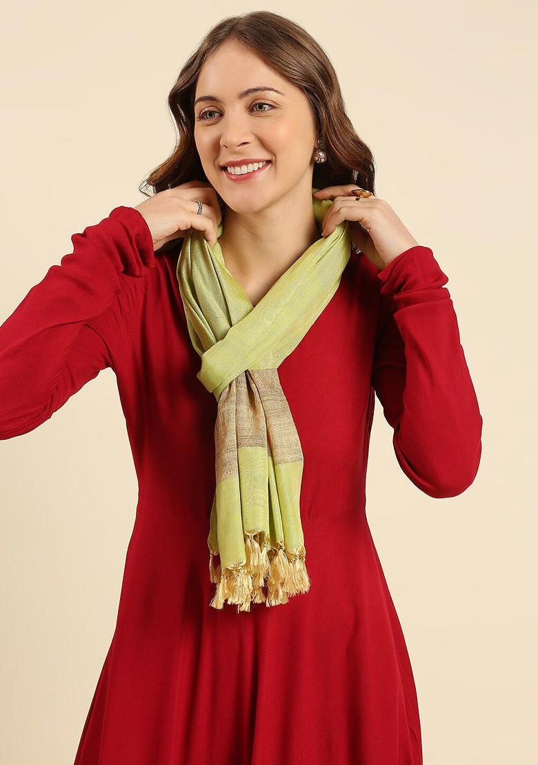 Lime Green And Gold Toned Woven Design Cotton Silk Dupatta With Zari