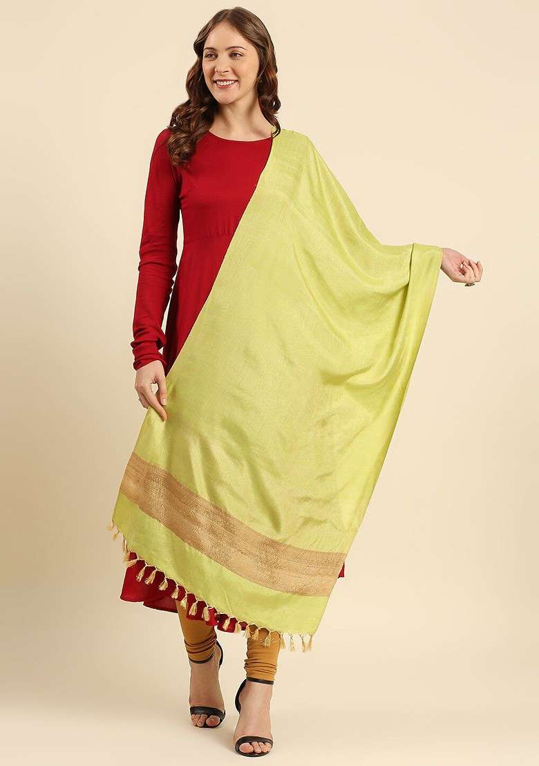 Lime Green And Gold Toned Woven Design Cotton Silk Dupatta With Zari - Indya