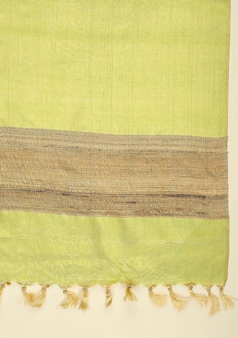 Lime Green And Gold Toned Woven Design Cotton Silk Dupatta With Zari - Indya