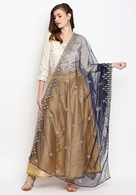 Navy Blue Ethnic Motifs Embroidered Dupatta With Mirror Work