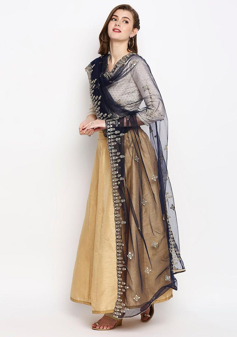 Navy Blue Ethnic Motifs Embroidered Dupatta With Mirror Work