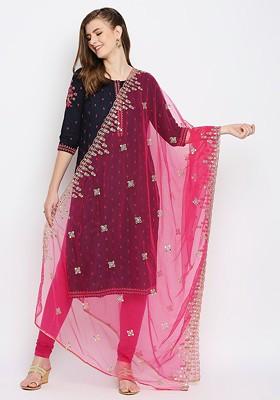 Fuchsia Pink And Gold Toned Embroidered Zardosi Dupatta