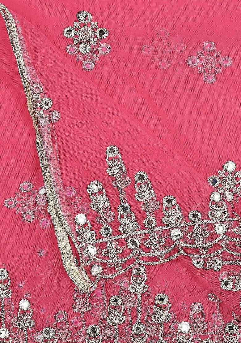 Fuchsia Pink And Gold Toned Embroidered Zardosi Dupatta
