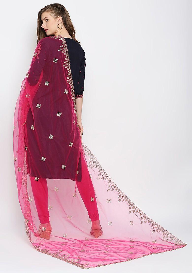Fuchsia Pink And Gold Toned Embroidered Zardosi Dupatta