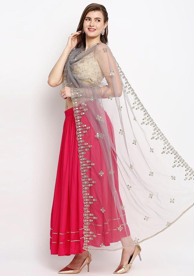 Grey And Gold Toned Ethnic Motifs Embroidered Dupatta With Mirror Work