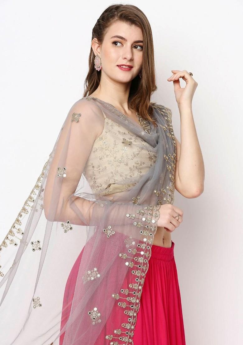 Grey And Gold Toned Ethnic Motifs Embroidered Dupatta With Mirror Work