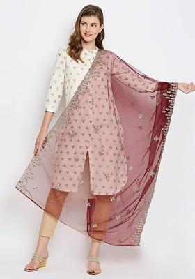 Burgundy And Silver Toned Ethnic Motifs Embroidered Dupatta With Mirror Work