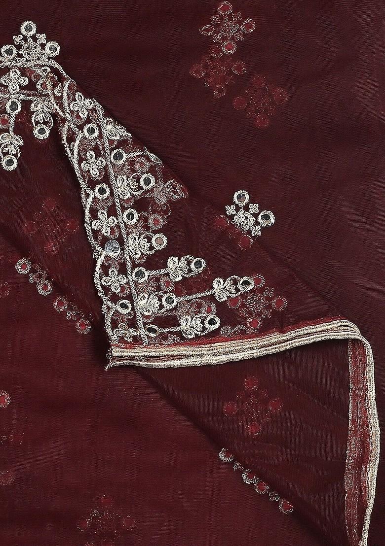 Burgundy And Silver Toned Ethnic Motifs Embroidered Dupatta With Mirror Work