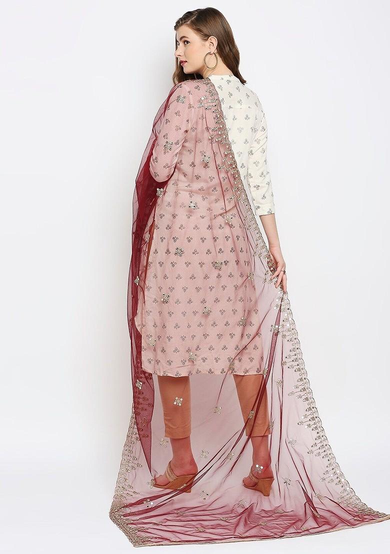 Burgundy And Silver Toned Ethnic Motifs Embroidered Dupatta With Mirror Work