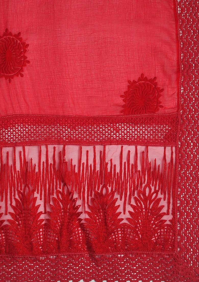 Red Ethnic Motifs Embroidered Pure Chiffon Dupatta - Indya