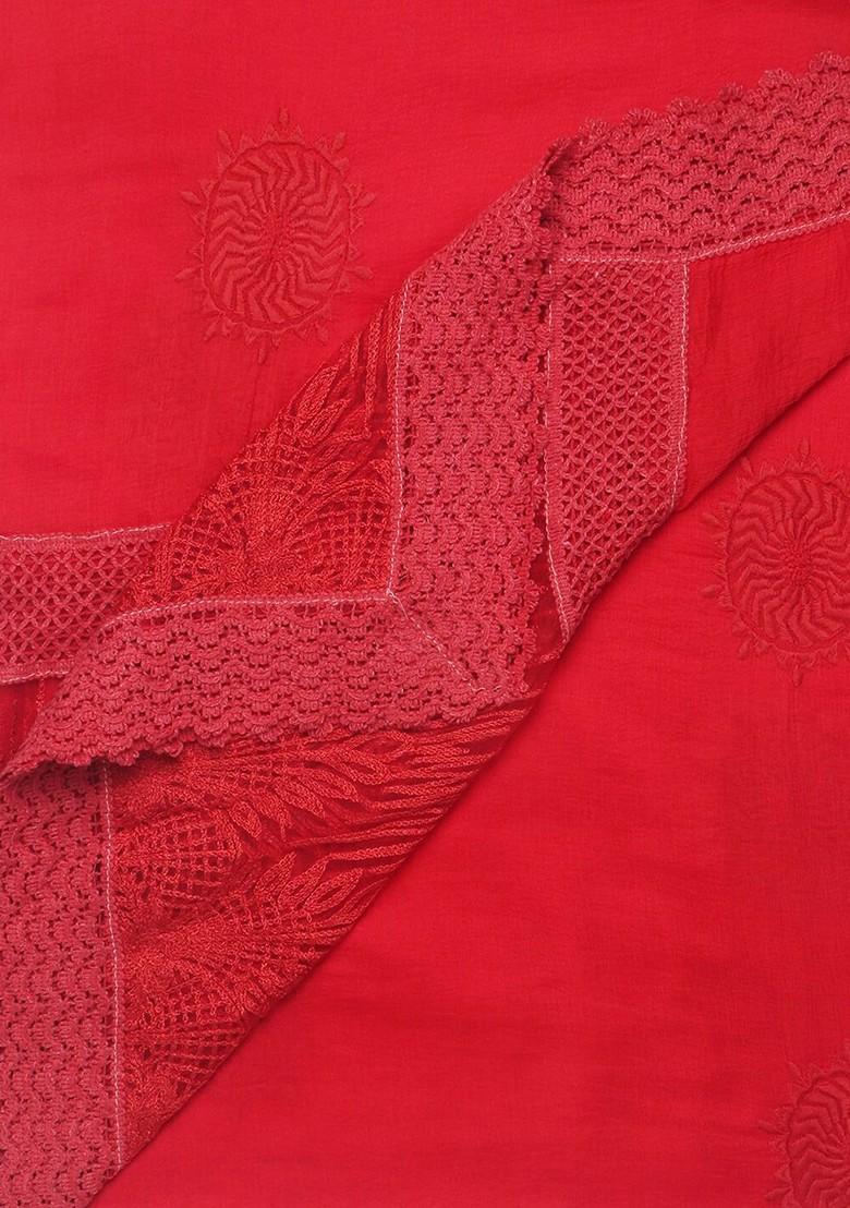 Red Ethnic Motifs Embroidered Pure Chiffon Dupatta