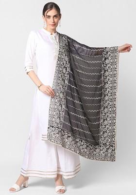 Black And White Ethnic Motifs Embroidered Dupatta With Chikankari Details
