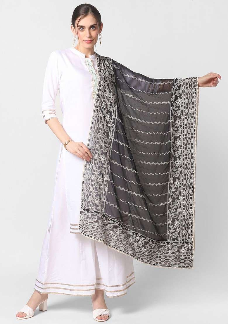 Black And White Ethnic Motifs Embroidered Dupatta With Chikankari Details - Indya