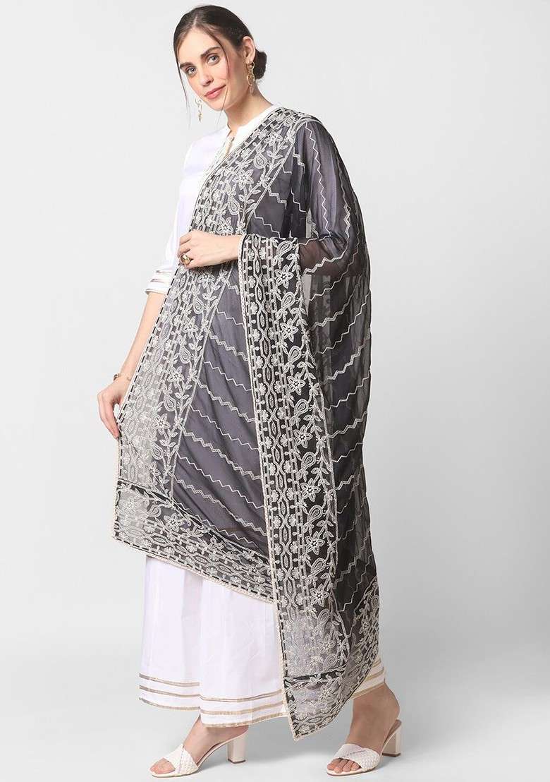Black And White Ethnic Motifs Embroidered Dupatta With Chikankari Details - Indya