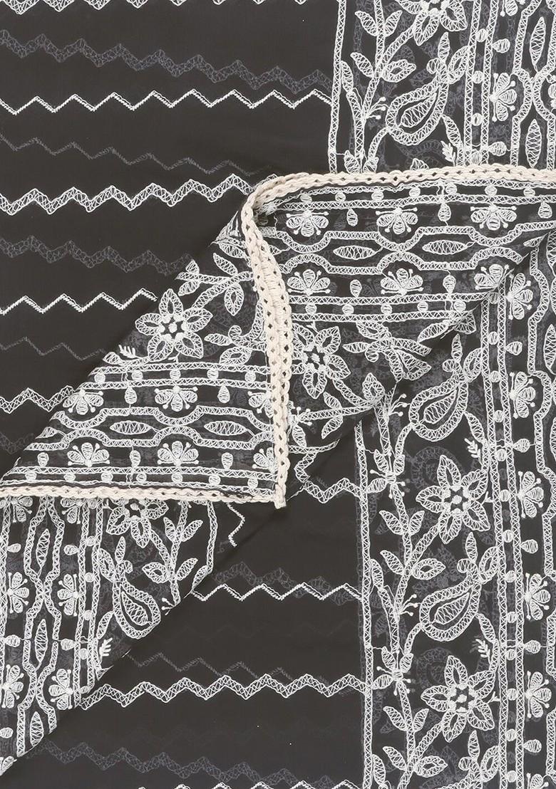 Black And White Ethnic Motifs Embroidered Dupatta With Chikankari Details